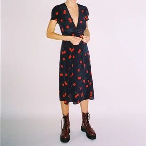 Navy Cherry Print Midi Dress